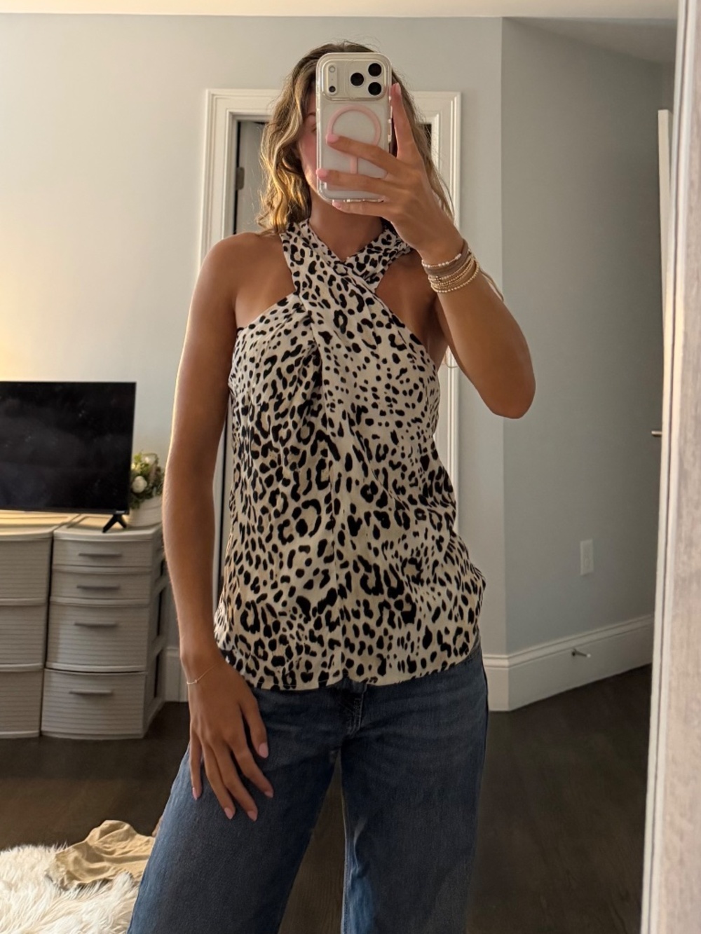 Fifteen Twenty - Cheetah Print Crossover Crepe Halter Top - Picture 2 of 8